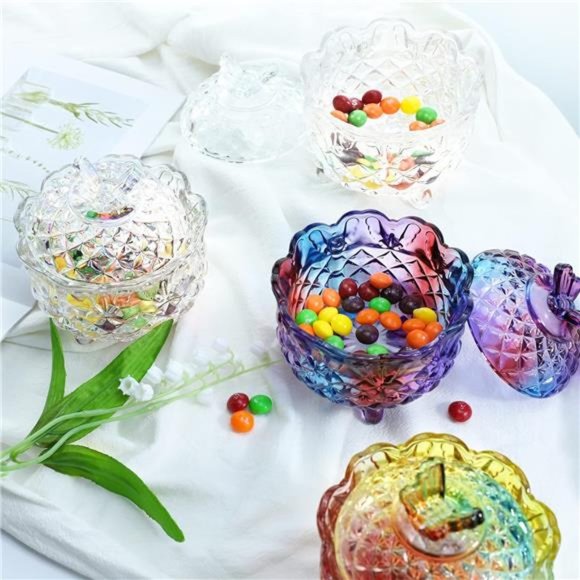 Royal Embossed CrystalGlass Candy Box with Lid Footed JewelryBowl Wedding Buffet - Picture 5 of 8